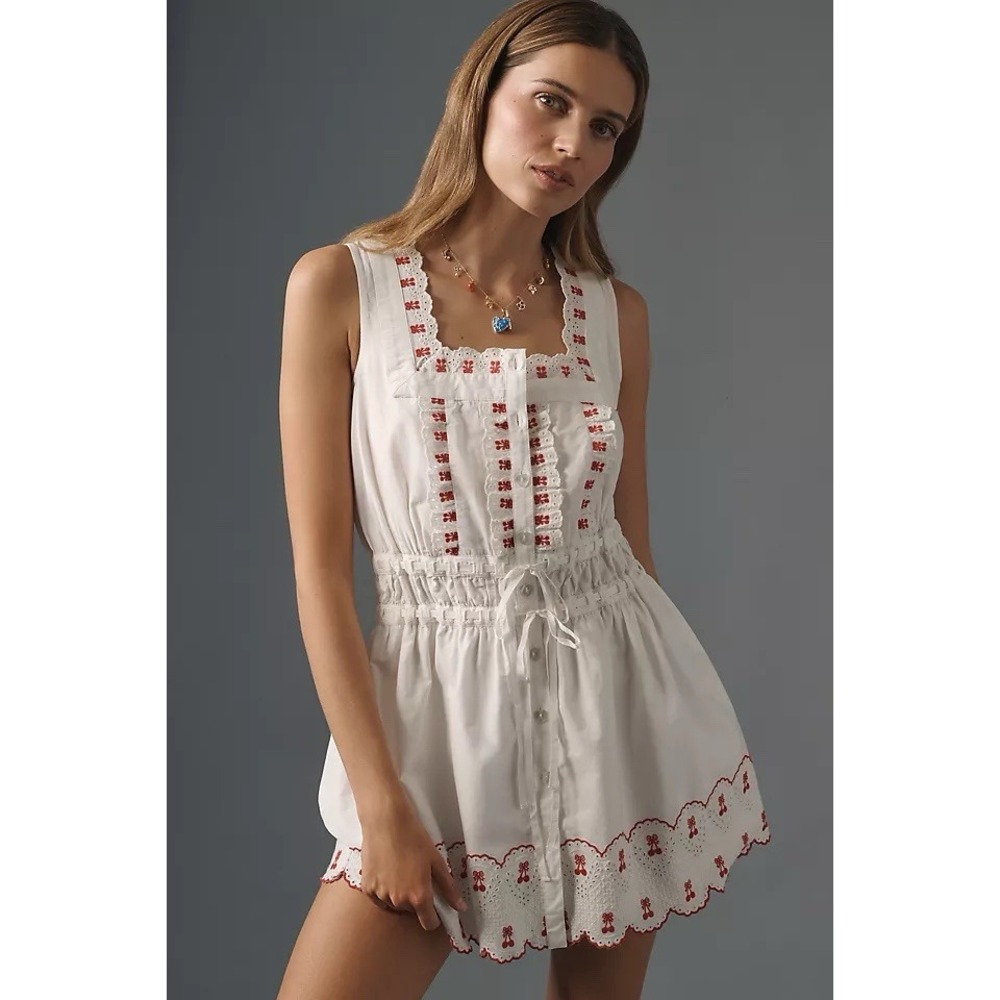 Damson Madder Amaya Cherry Stem Embroidered Eyelet Corset Mini Dress 14